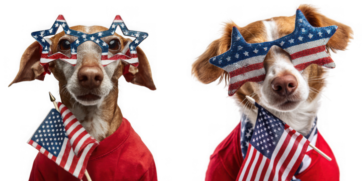 Two adorable dogs celebrate the fourth of july with star sunglasses and american flags on a transparent background