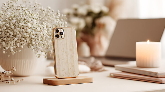 Elegant wooden phone case with delicate white flowers and lit candle wood grain gold trim - Powered by Adobe