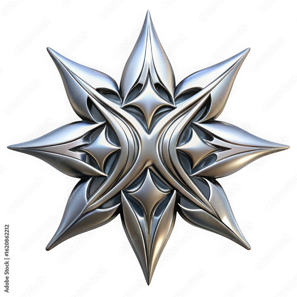Poster intricate silver metallic starburst or snowflake emblem with sharp pointed petals and a central symm