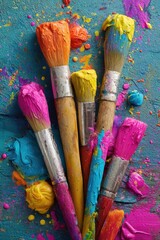 Fototapeta premium Paint-splattered artist's brushes in vibrant colors