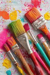 Fototapeta premium Colorful paintbrushes scattered on a textured canvas, splattered with vibrant hues
