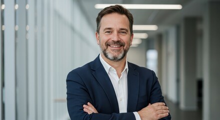 Fototapeta premium Smiling middle aged man with beard wearing a dark suit jacket and white shirt with arms crossed