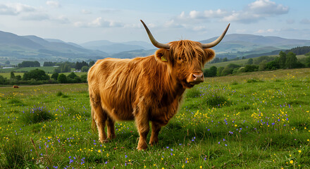 Majestic highland cow standing proudly in a green meadow with wildflowers and scenic mountains