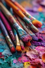 Fototapeta premium Close-up of various paintbrushes, vibrant colors, and textured paint on a palette