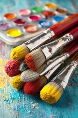 Obraz premium Colorful paintbrushes and palette on a textured surface