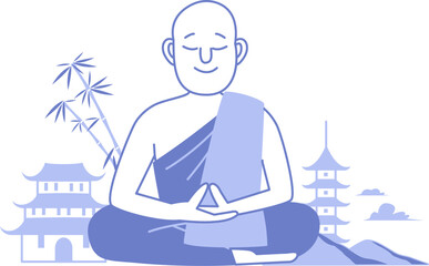Zen Buddhist monk meditating in traditional Asian landscape. Flat style vector illustration.
