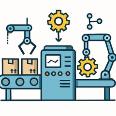 Robotic production line with automated machines and gears.