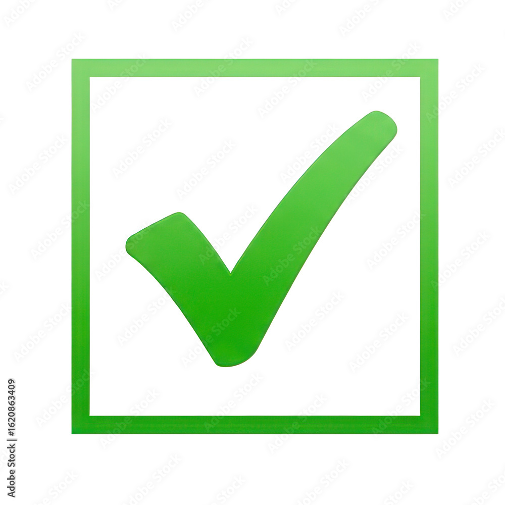 Poster a bright green checkmark symbol inside a square border indicating completion or success isolated on 