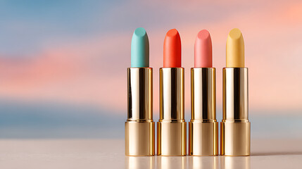 Four pastel lipsticks with gold casings against a soft sky makeup beauty