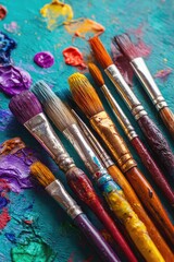Obraz premium Paintbrushes and vibrant pigments on a teal palette