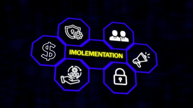 IMPLEMENTATION, web technology concept. Business, Technology, Internet and network concept ,Abstract technology symbols on a blue background.