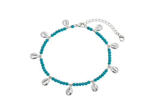 Turquoise beaded anklet with shell charms.