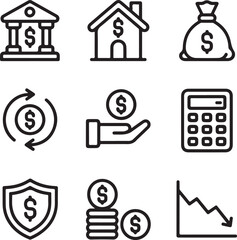 Financial icons depicting banking investment and wealth house money