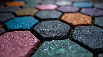 Glittering hexagonal paving stones in vibrant colors sparkling colorful