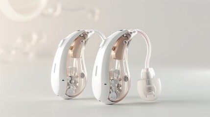 Deaf Awareness Month. medical product photography of modern hearing aid devices, clinical white background, professional medical device lighting setup