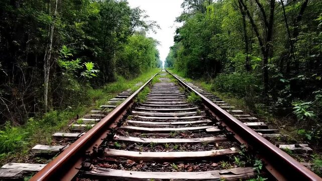A train travels down a steel railway track through a lush forest, with the parallel lines of the rails disappearing into the distance high quality HD videos footages
