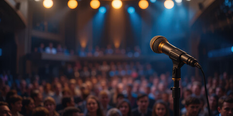 Obraz premium Live comedy performance theater venue audience engagement vibrant atmosphere close-up perspective