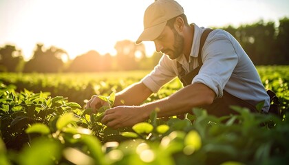 Farmer inspecting crops in a sunlit field at golden hour focusing on healthy plants and sustainable agriculture practices