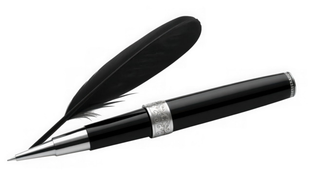 Close up of a black fountain pen and feather isolated on a transparent background providing an elegant and classic writing tool