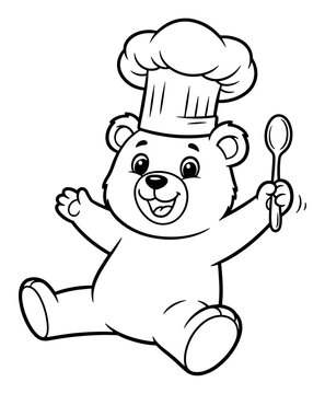 Naklejki Cartoon Chef Bear with a Spoon in Black and White