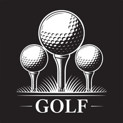 Three white golf balls on tees with grass and text sport equipment