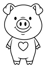 Obraz premium Black and White Line Art Illustration of a Cute Pig with a Heart