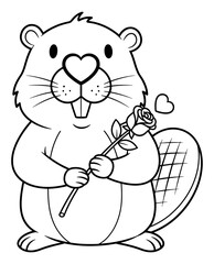 Cute Cartoon Beaver Holding a Rose in Black and White Outline