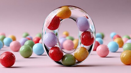 Colorful glass number zero surrounded by vibrant candy spheres on a soft pastel background, creating a playful and whimsical atmosphere for design and creative projects