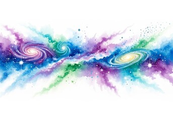 Celestial Dance Across the Cosmos - A watercolor painting depicting three swirling galaxies, symbolizing creation, wonder, infinity, and cosmic energy.