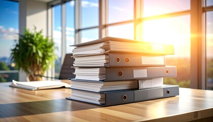 Sunlit office desk with a tall stack of binders and papers next to a potted plant and large windows