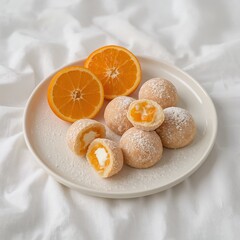 Delicious cream-filled orange balls with powdered sugar and fresh orange slices on a white plate