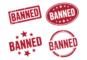 Set of Four Red “BANNED” Stamps with Distinct Grunge Designs—Oval, Circular, and Rectangular Layouts Conveying Alertness and Restriction