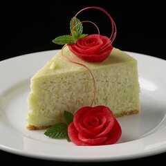 Delicious cheesecake slice with bright decorations and mint leaves on a black background
