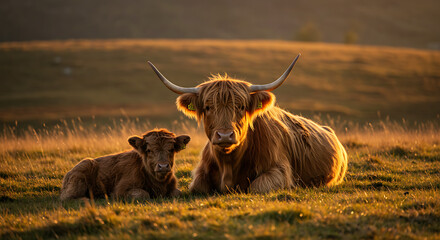 Highland cow and calf resting together in golden sunset light, peaceful pastoral scene.