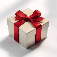 Fototapeta premium Cream gift box with red ribbon bow isolated on white background