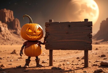 A Halloween pumpkin is standing with an empty wooden board mockup on the surface of mars planet