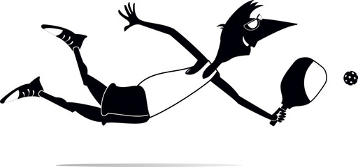 Happy young man playing pickleball. 
Pickleball court. Man with pickleball racket makes a good shot in the fall. Black and white illustration
