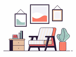 minimal setup modern chair, striped upholstery, side table, and wall frames.