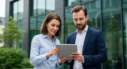 Two professionals collaborating on a digital tablet while discussing business strategies near a modern glass building