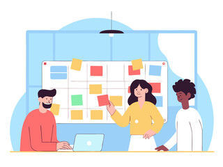 Flat design illustration of diverse office team brainstorming with charts and sticky notes