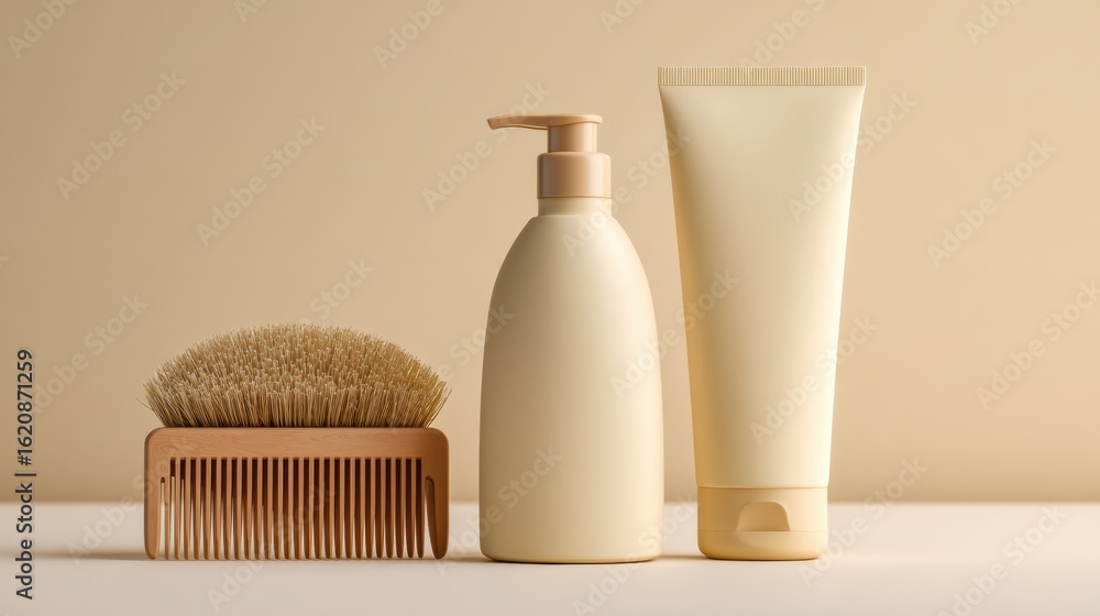 Poster shampoo, conditioner, and comb arranged on a flat surface with a neutral background creating a minim