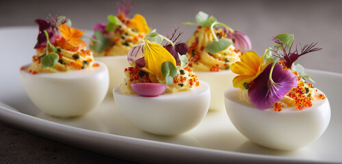 Deviled eggs on abstract surface for National Deviled Egg Day