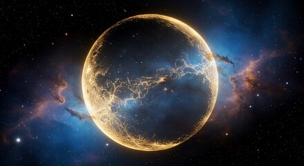 Obraz premium Glowing Planet with Nebula in Starry Space Background, Cosmic Scene
