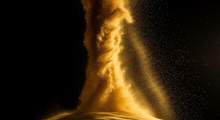 Pouring golden sand forms a swirling column against a dark, dramatic background.