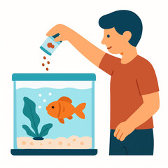 Man feeding a goldfish in an aquarium.
