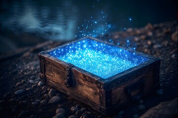 Blue spark near the dark river illuminates a wooden box.
