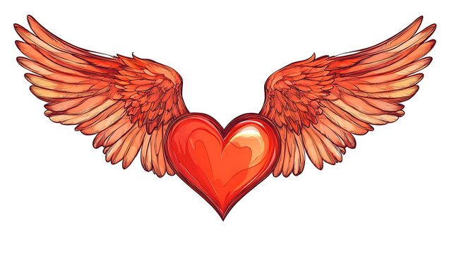 Romantic illustration of a red heart with orange wings for valentines day love photo