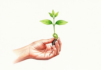 Hand Holding a Sprouting Seedling - A delicate seedling sprouts from a seed, carefully held in a nurturing hand against a white background. Symbol of growth and new beginnings
