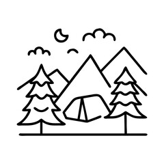 Camping adventure in the mountains with tent, trees, moon and clouds line art vector graphic
