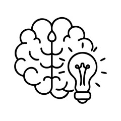 Brainstorming idea generation concept with lightbulb and brain outline for creative thinking